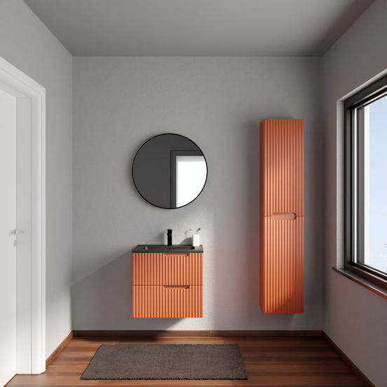 Linie Ribbo zwevend badkamermeubel 60 x 46 cm cotto met Vano enkele wastafel in composietmarmer mat zwart, Verticale symmetrische ronde ribbel