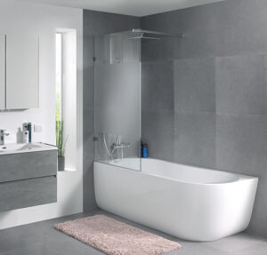 Luca Varess Solid Badewannenaufsatz: 80 cm, Klarglas mit mattiertem Streifen, Chrom Profil