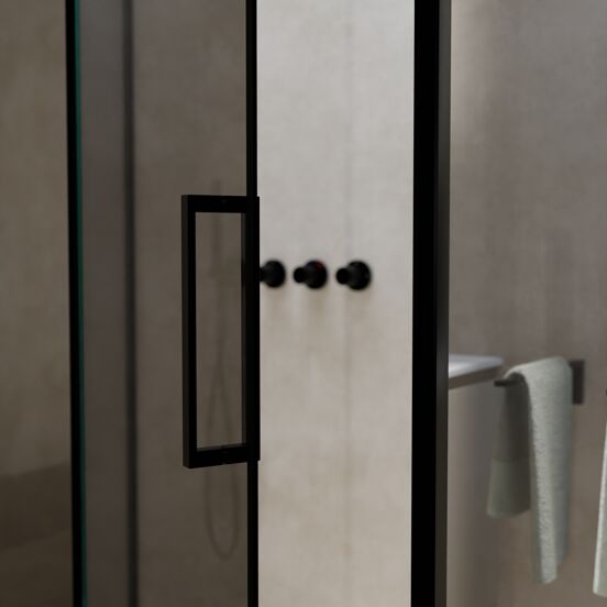 Balmani Senses Design douchehoek met linkse draaideur en vaste zijwand, 140 x 90 cm, Reflex spiegelglas, Zwarte profielen, met coating