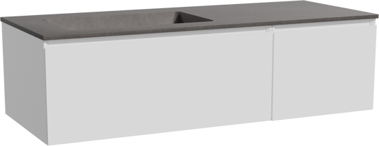 Storke Edge zwevend badmeubel 130 x 52 cm mat wit met Scuro asymmetrisch linkse wastafel in kwarts mat zwart