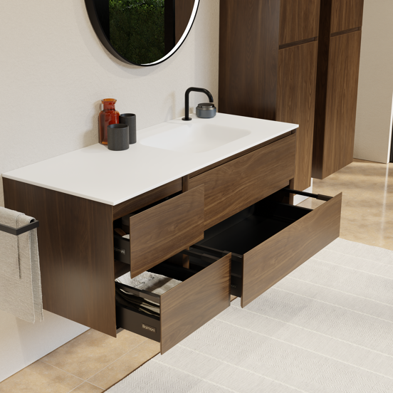 Balmani Mitra meuble salle de bains suspendu 135 x 55 cm noyer américain avec Tablo Arcato vasque asymétrique droite en solid surface blanc mat