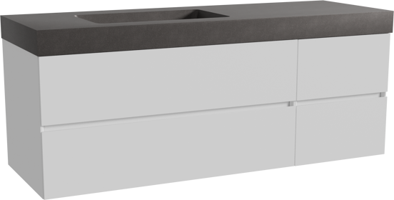 Storke Edge zwevend badmeubel 150 x 52 cm mat wit met Scuro High asymmetrisch linkse wastafel in kwarts mat zwart