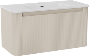 Storke Soft zwevend badkamermeubel 100 x 46 cm Sand mat met Kera Soft enkele wastafel in porselein mat wit, Verticale symmetrische rechte ribbel
