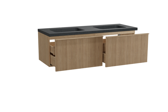 Balmani Forma zwevend badkamermeubel 150 x 55 cm natuur eik met Napoli dubbele wastafel in graniet zwart, Verticale symmetrische rechte ribbel