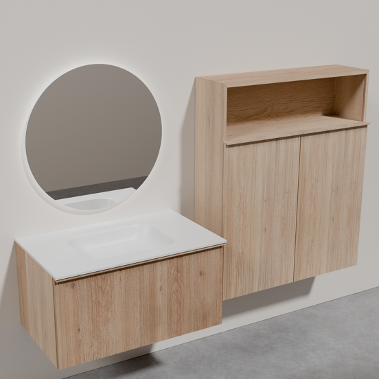 Balmani Forma zwevend badkamermeubel 90 x 55 cm asymmetrische ribbel naturel eiken met Tablo Arcato enkele wastafel in solid surface mat wit, Giro badkamerspiegel en Forma badkamerkast