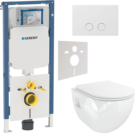 Linie Waldo wc suspendu blanc brillant sans bride avec Geberit Systemfix UP720 bâti-support et plaque de commande
