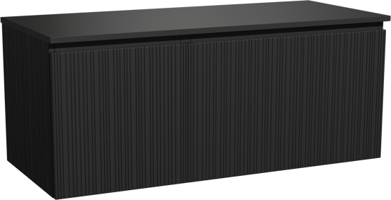 Storke Ribs zwevend badmeubel 120 x 52 cm zwart eiken met Panton enkel of dubbel wastafelblad in gepoedercoate mdf mat zwart, Verticale asymmetrische rechte ribbel