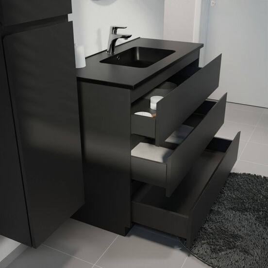 Linie Lado freistehendes Möbelstück Set: 100 x 46 cm, Schwarz matt, mit Vano Einzelwaschtisch, Marmorkomposit Schwarz matt