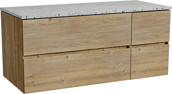 Storke Edge zwevend badmeubel 120 x 52 cm ruw eiken met Tavola enkel of dubbel wastafelblad in mat wit/zwart terrazzo