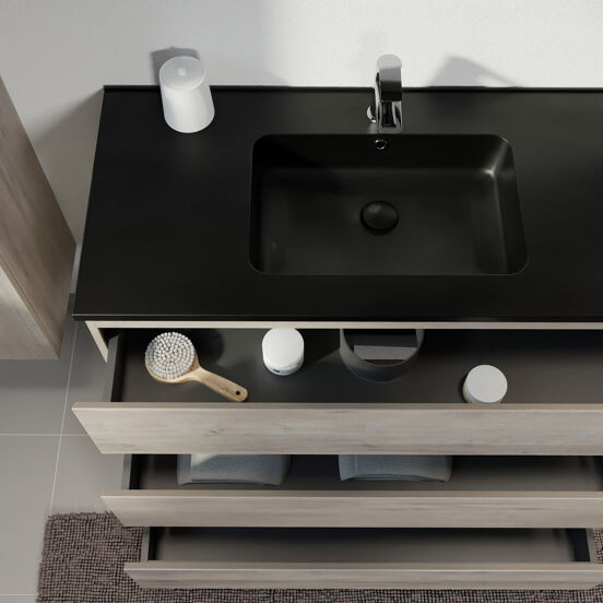 Linie Lado meuble salle de bains à poser 80 x 46 cm chêne gris avec Vano plan simple en marbre composite noir mat