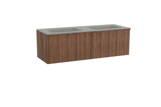 Balmani Forma zwevend badkamermeubel 150 x 55 cm amerikaanse notelaar met Tablo Strada dubbele wastafel in composietmarmer zijdegrijs, Verticale asymmetrische ronde ribbel