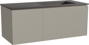Storke Ribs meuble salle de bains suspendu 120 x 52 cm soie grise avec Scuro plan vasque asymétrique à droite en quartz noir mat, Nervure droite symétrique verticale