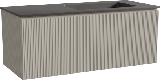 Storke Ribs meuble salle de bains suspendu 120 x 52 cm soie grise avec Scuro plan vasque asymétrique à droite en quartz noir mat, Nervure droite symétrique verticale