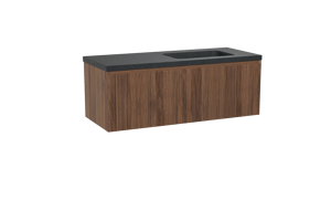 Balmani Fila hängendes Möbelstück Set: 135 x 55 cm, Nussbaum, mit Napoli Waschtisch rechts, Granit, Schwarzes Granit, Vertikale symmetrische gerade Rippe