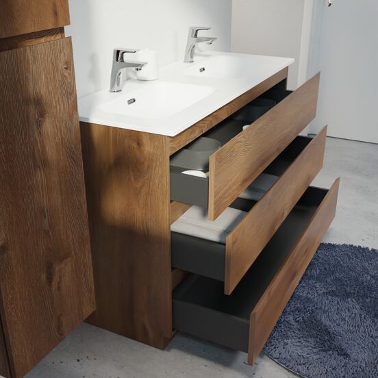 Linie Lado staand badmeubel 120 x 46 cm bruin eiken met Baro dubbele wastafel in porselein hoogglans wit