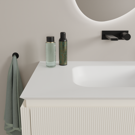 Balmani Eclips zwevend badkamermeubel 150 x 55 cm Sandbeige met Eclips dubbele wastafel in Solid Surface mat wit, Verticale symmetrische rechte ribbel