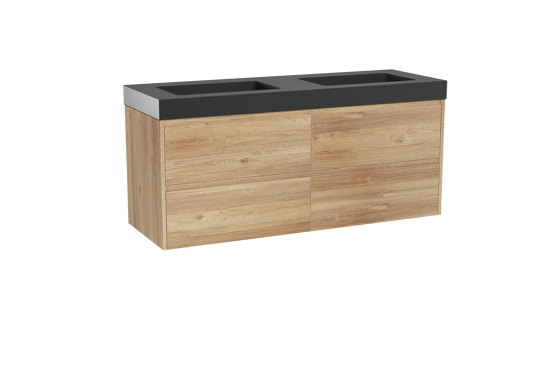 Storke Seda zwevend badkamermeubel 150 x 52 cm ruwe eik met Scuro High dubbele wastafel in kwarts mat zwart