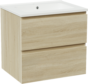 Linie Lado meuble salle de bains suspendu 60 x 46 cm chêne blanc avec Vano plan simple en marbre composite blanc brillant