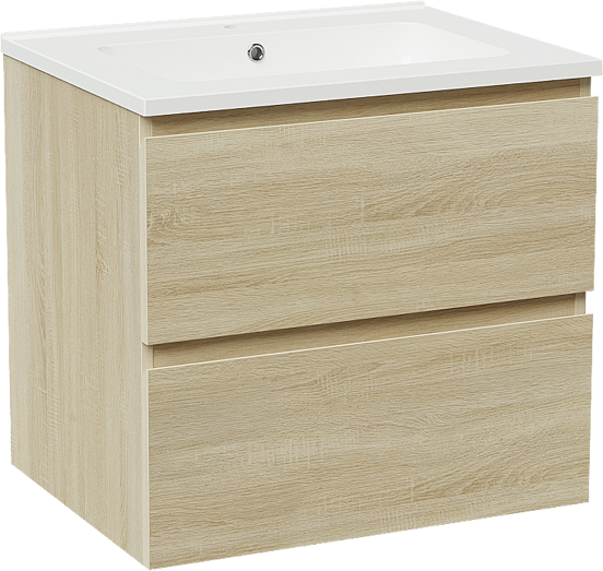 Linie Lado meuble salle de bains suspendu 60 x 46 cm chêne blanc avec Vano plan simple en marbre composite blanc brillant