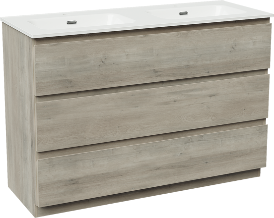 Linie Lado staand badmeubel 120 x 46 cm grijs eiken met Baro dubbele wastafel in porselein hoogglans wit