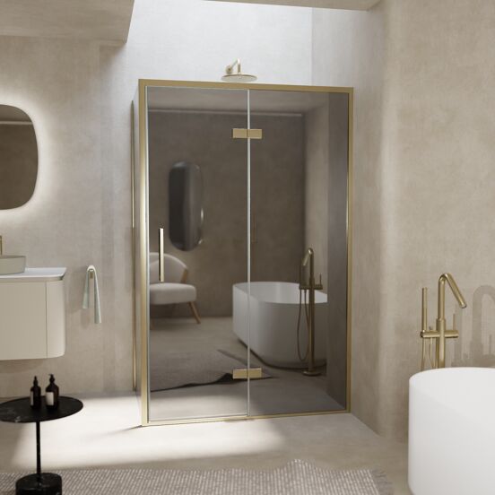 Balmani Senses Design douche en coin avec porte pivotante à droite et paroi latérale fixe, 120 x 100 cm, Miroir Reflex, Profil Brushed Champagne Gold