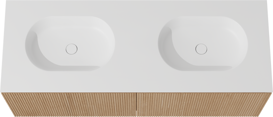 Balmani Eclips zwevend badkamermeubel 150 x 55 cm Natuur eik met Tablo Oval dubbele wastafel in Solid Surface mat wit, Verticale symmetrische rechte ribbel