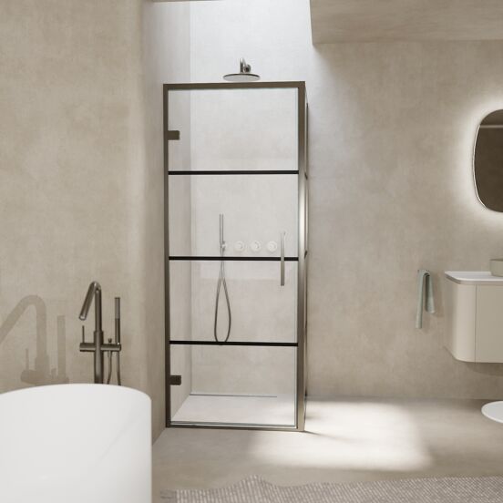 Balmani Senses Design douchehoek met linkse draaideur en vaste zijwand, 90 x 100 cm, Lined, Brushed GunMetal profielen, met coating