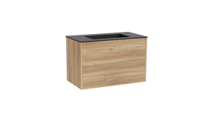 Storke Seda zwevend badmeubel 95 x 52 cm ruw eiken met Scuro enkele wastafel in kwarts mat zwart