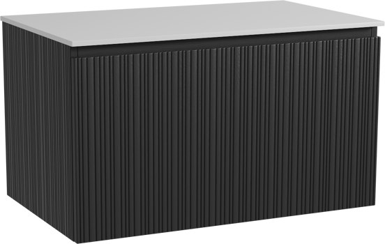 Storke Ribs meuble salle de bains suspendu 85 x 52 cm chêne noir avec Tavola tablette simple en solid surface blanc mat, Nervure droite asymétrique verticale