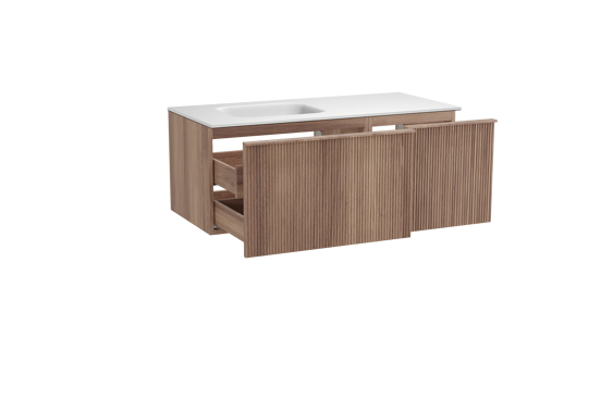 Balmani Forma zwevend badkamermeubel 120 x 55 cm teak met Tablo Arcato asymmetrisch linkse wastafel in solid surface mat wit, Verticale symmetrische rechte ribbel