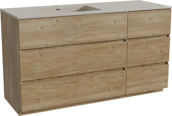Storke Edge meuble salle de bains à poser 140 x 52 cm chêne brut avec Diva vasque asymétrique gauche en top solid soie grise