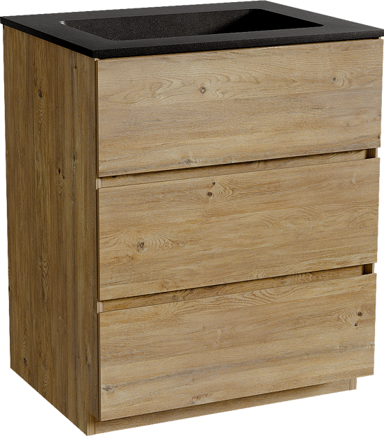 Storke Edge freistehendes Möbelstück Set: 65 x 52 cm, Rohe Eiche, mit Scuro Einzelwaschtisch, Quarz Schwarz matt