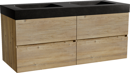 Storke Edge zwevend badmeubel 130 x 52 cm ruw eiken met Scuro High dubbele wastafel in kwarts mat zwart