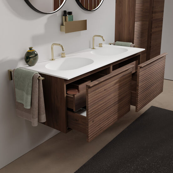 Balmani Forma hängendes Möbelstück Set: 135 x 55 cm, Amerikanischer Nussbaum, mit Tablo Oval Doppelwaschtisch, Solid Surface, Weiß matt, Horizontale symmetrische gerade Rippe