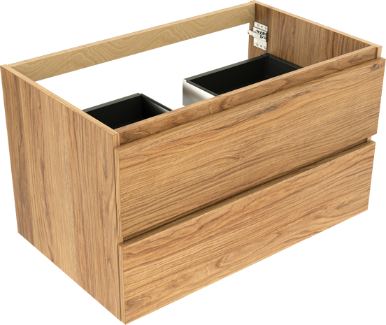 Balmani Lucida hängender Waschbeckenunterschrank: 90 x 55 cm, Teak, 2 Schubladen