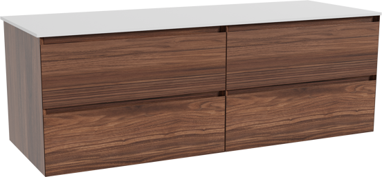 Balmani Mitra zwevend badkamermeubel 150 x 55 cm notelaar met Stretto enkel of dubbel tablet in solid surface mat wit