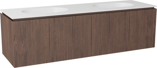 Balmani Eclips zwevend badkamermeubel 180 x 55 cm Amerikaanse notelaar met Tablo Oval dubbele wastafel in Solid Surface mat wit, Verticale symmetrische rechte ribbel