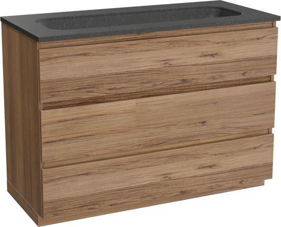 Balmani Lucida staand badkamermeubel 120 x 55 cm teak met Tablo Arcato enkele wastafel voor 2 kraangaten in graniet zwart