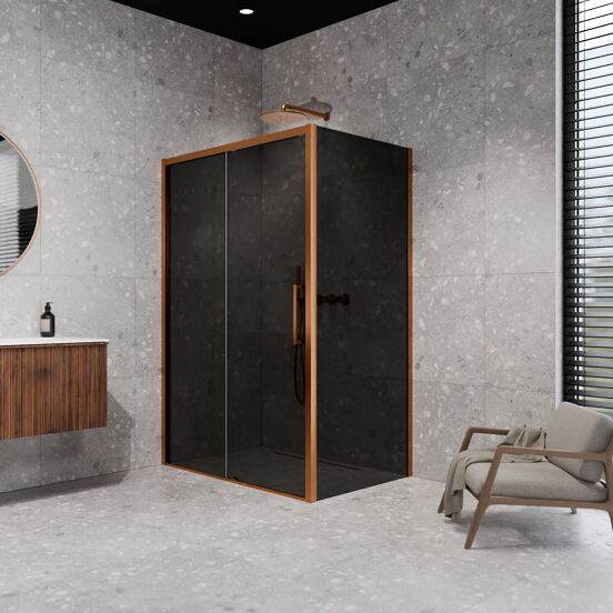 Balmani Senses Design douchehoek met linkse schuifdeur en vaste zijwand, 160 x 90 cm, Rookglas, Brushed Rosegold profielen, met coating