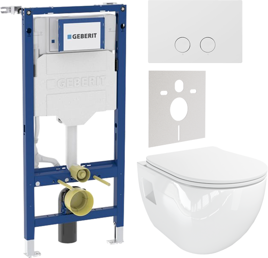 Linie Waldo hangend toilet hoogglans wit randloos met Geberit UP320 Systemfix inbouwreservoir en bedieningspaneel