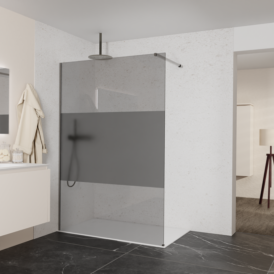 Balmani Modular inloopdouche: 140 x 200 cm, Rookglas met matte strook met coating, Brushed GunMetal profielen