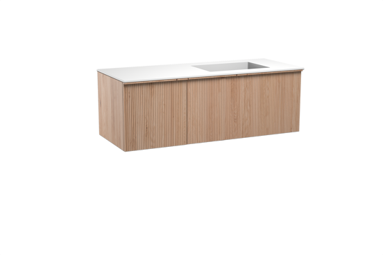Balmani Forma meuble salle de bains suspendu 135 x 55 cm chêne naturel avec Tablo Stretto vasque asymétrique droite en solid surface blanc mat, Nervure droite symétrique verticale