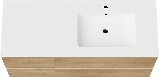 Linie Lado meuble salle de bains suspendu 120 x 46 cm chêne naturel avec Vano plan vasque asymétrique à droite en marbre composite blanc mat