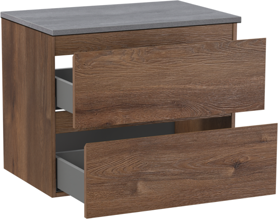 Linie Lado hängendes Möbelstück Set: 70 x 46 cm, Braune Eiche, mit Lado Einzel Waschtischplatte, Melamin Beton dunkelgrau