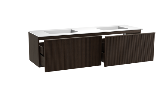 Balmani Forma zwevend badkamermeubel 180 x 55 cm gerookte eik met Tablo Stretto dubbele wastafel in solid surface mat wit, Verticale symmetrische rechte ribbel