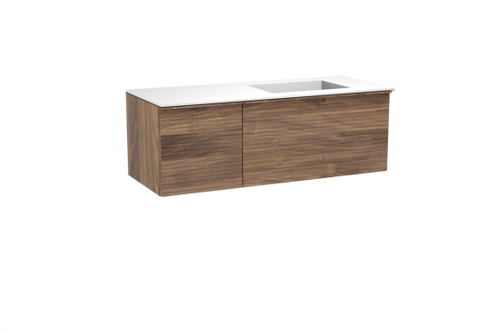 Balmani Forma zwevend badkamermeubel 135 x 55 cm amerikaanse notelaar met Tablo Stretto asymmetrisch rechtse wastafel in solid surface mat wit, Horizontale symmetrische rechte ribbel