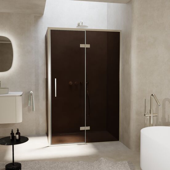 Balmani Senses Design douche en coin avec porte pivotante à droite et paroi latérale fixe, 120 x 100 cm, Bronze, Profil Brushed CoolMetal, coating inclus, coating inclus