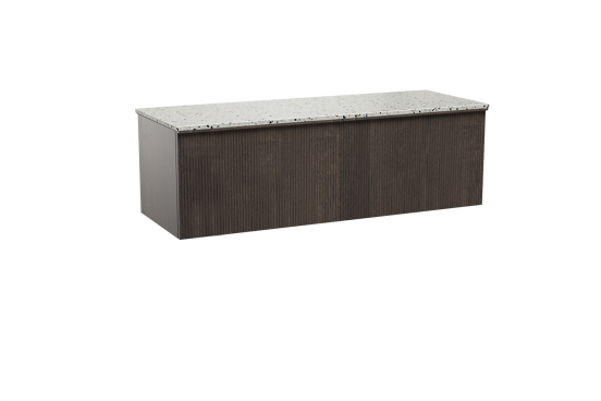 Balmani Forma hängendes Möbelstück Set: 150 x 55 cm, Geräucherte Eiche, mit Stretto Einzel- oder Doppel Waschtischplatte, Terrazzo in Weiß/Schwarz matt, Vertikale symmetrische gerade Rippe