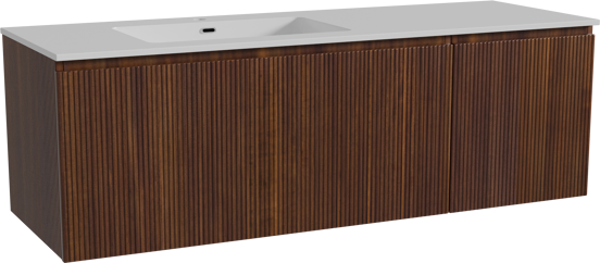 Storke Ribs zwevend badmeubel 150 x 52 cm notenhout met Diva asymmetrisch linkse wastafel in composietmarmer hoogglans wit, Verticale symmetrische rechte ribbel