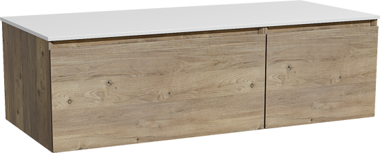 Storke Edge zwevend badmeubel 120 x 52 cm ruw eiken met Tavola enkel of dubbel wastafelblad in solid surface mat wit
